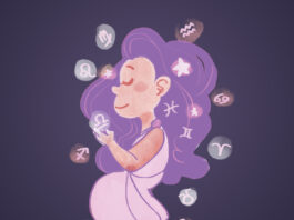 An illustration of a girl, stars and astrological signs strewn in her hair.