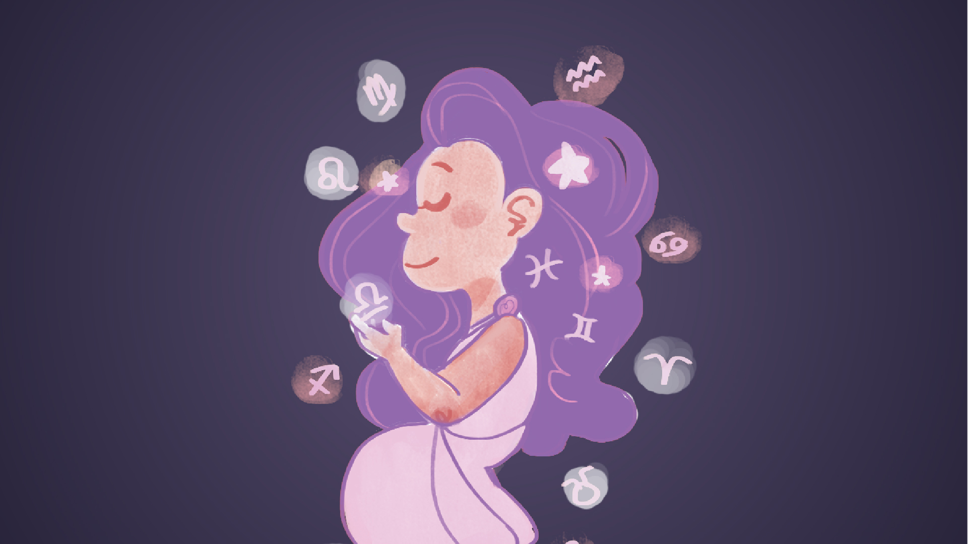 An illustration of a girl, stars and astrological signs strewn in her hair.