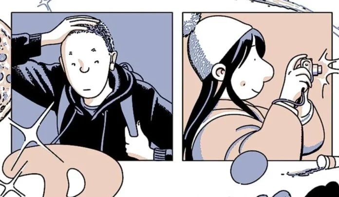 An illustration of two comic blocks featuring two characters in Roaming in a purple and peach color scheme. A character with a buzz cut is wearing a backpack and touching their head, and a character with long hair is smiling while taking a photo with a camera.