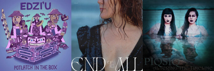 WEB-indig-music A collage of three album covers: Potlatch in the Box, The End of it All, and Altering the timeline.