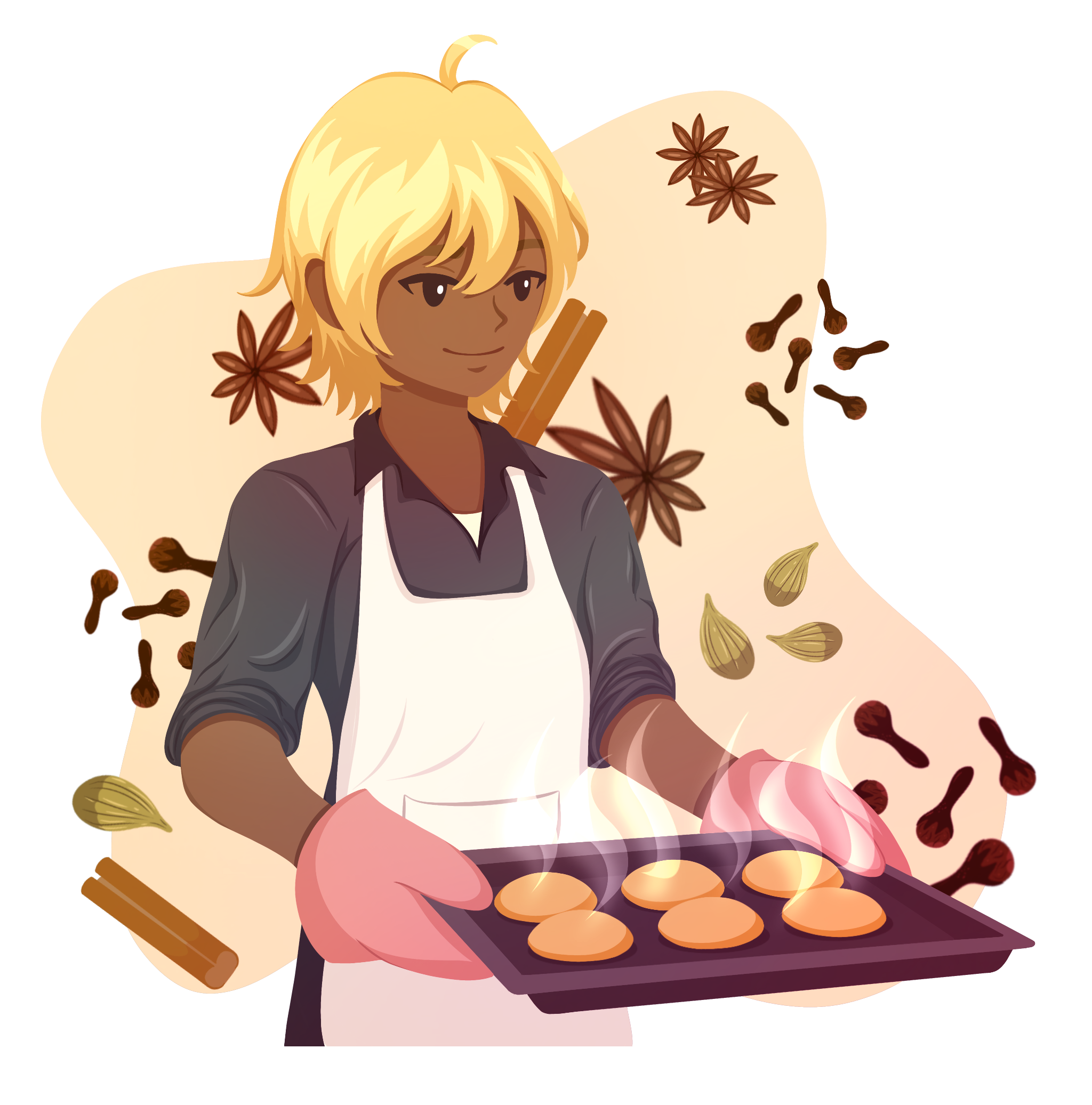 An illustration of a person with baking mitts holding a tray of cookies that are steaming.