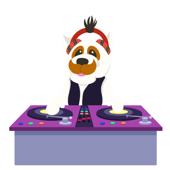 McFogg the Dog as a dj. He’s wearing headphones and using turntables.