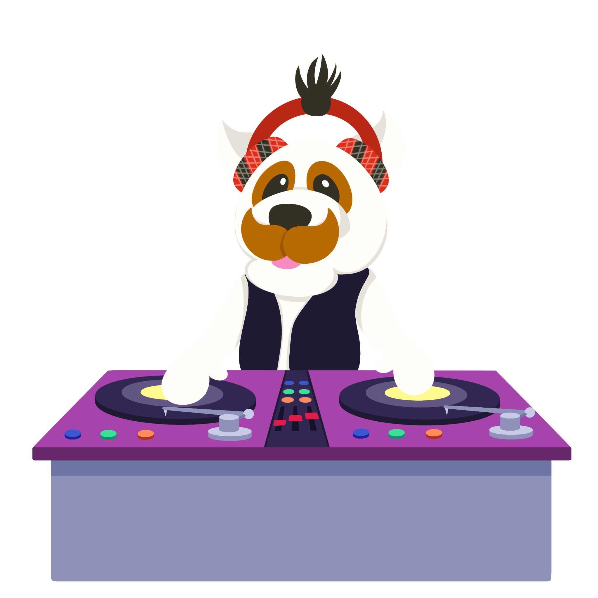 McFogg the Dog as a dj. He’s wearing headphones and using turntables.