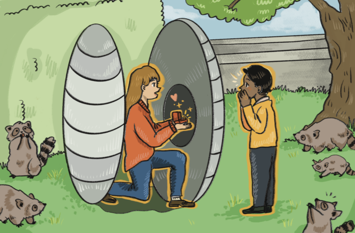 AndreaChoi-Propose Someone proposing to their partner inside the avocado egg. Raccoons are watching.