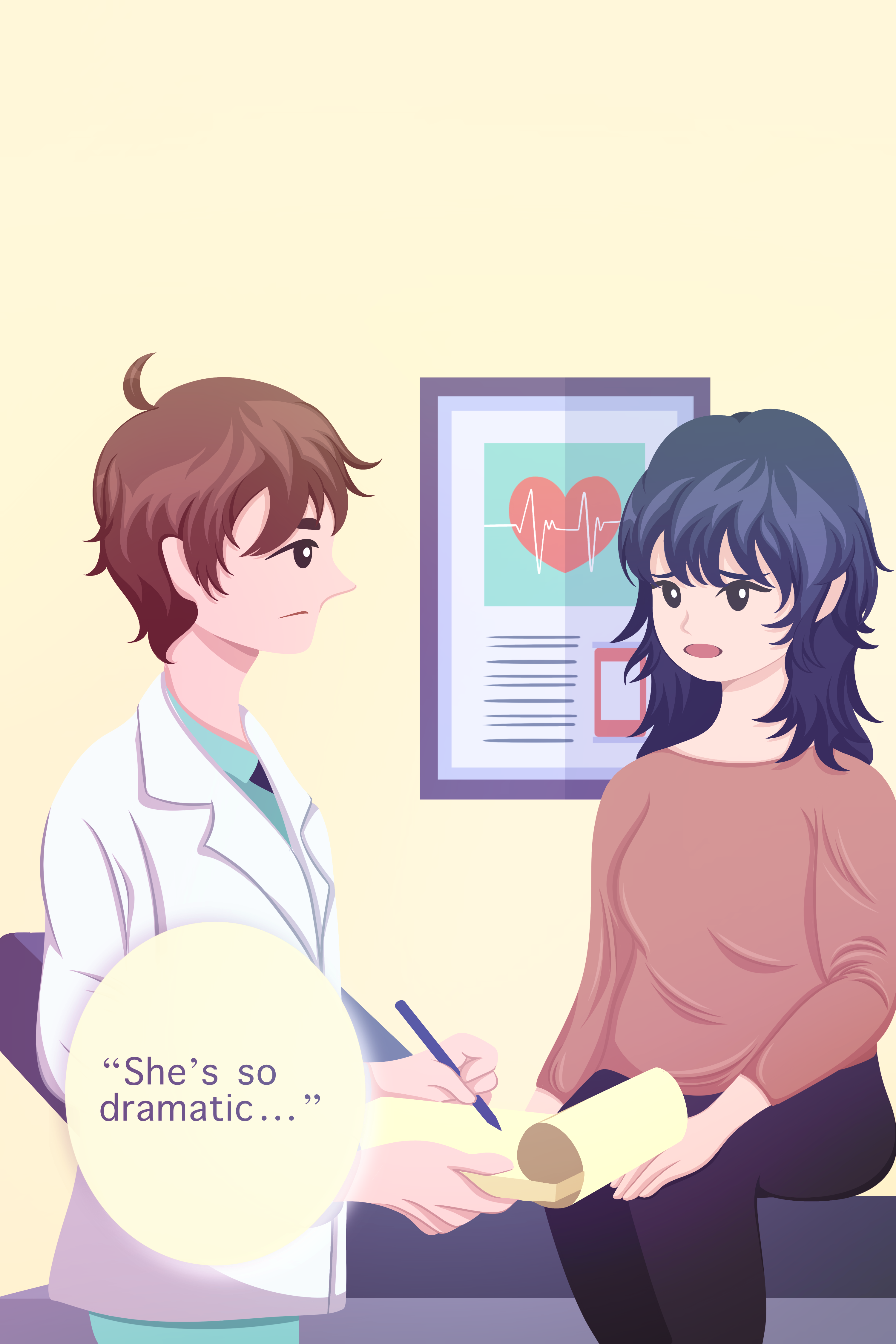 Male doctor and female patient in a doctor’s office. She is speaking but he is ignoring her and there’s a thought bubble that reads “she’s so dramatic.”