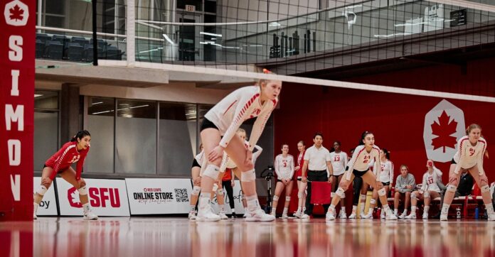photo of the SFU players in ready position on the court, waiting for the ball to be served.