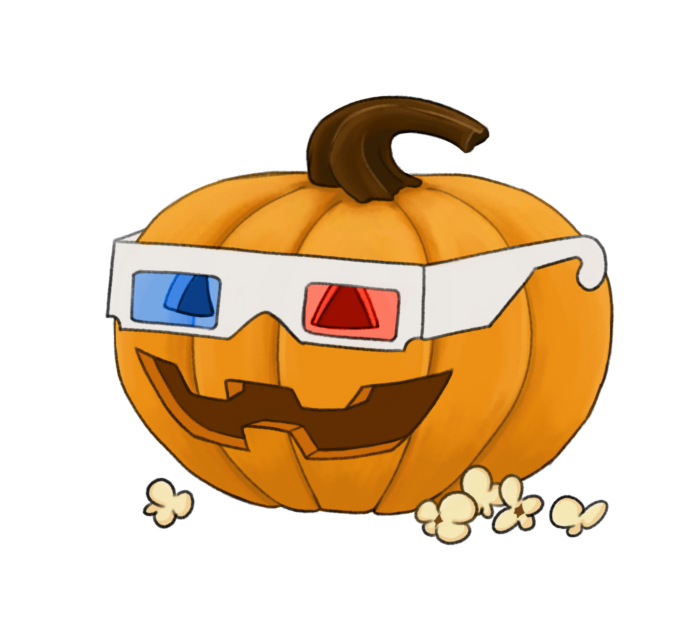 KristinLee-HalloweenMovieListicle An illustration of a pumpkin wearing 3D glasses smiling.