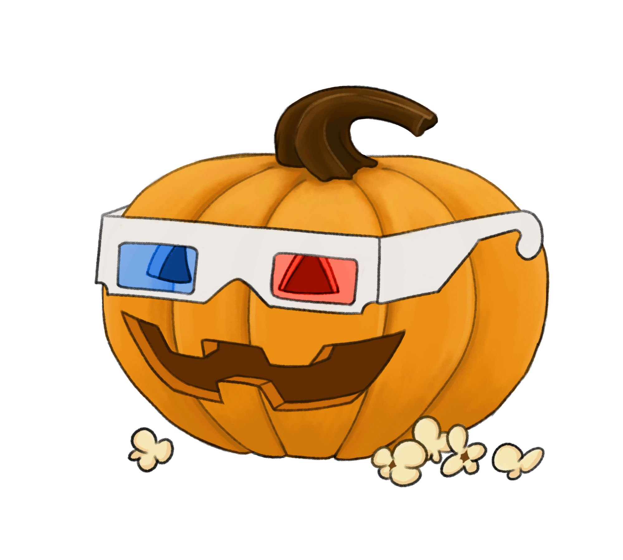 An illustration of a pumpkin wearing 3D glasses smiling.
