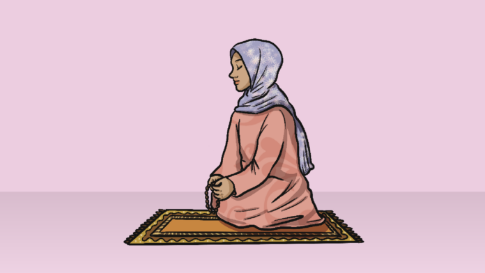 WEB-Muslimwoman-AndreaChoi Illustration of a Muslim young woman wearing a purple hijab praying while holding beads on a matt.