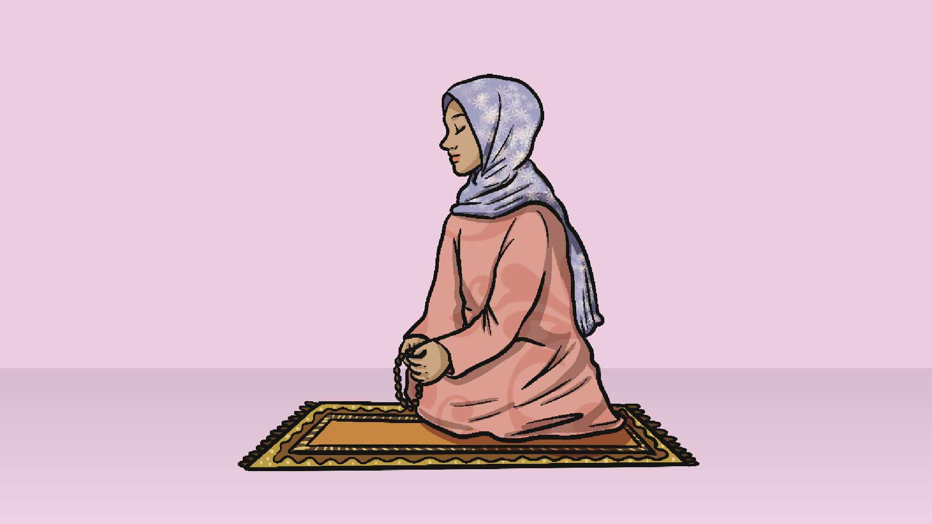 Illustration of a Muslim young woman wearing a purple hijab praying while holding beads on a matt.