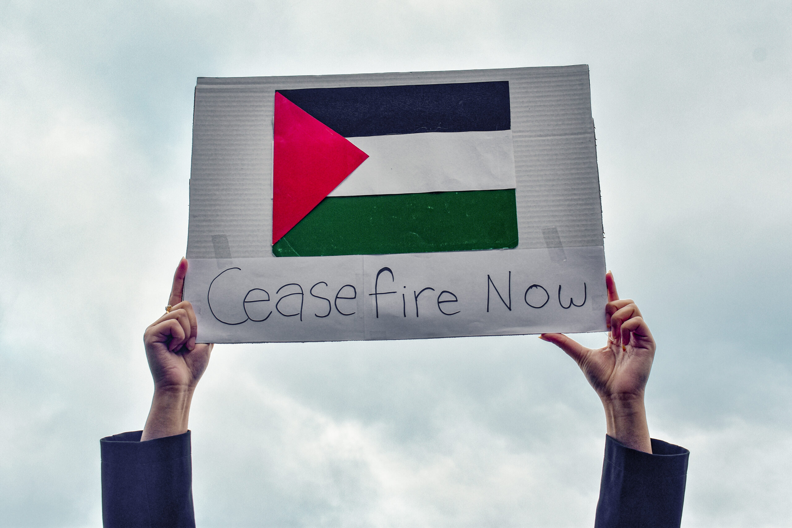 This is a photo of a person holding a sign far above their head. Their face cannot be seen, only their arms reaching into the sky. Their sign has a Palestinian flag on it, and reads, “Ceasefire now.”