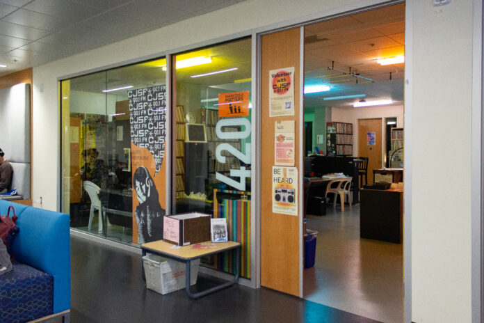 cjsf This is a photo of the outside of the CJSF radio station office. Their office is in the SUB at SFU Burnaby Mountain. The outside of their door has a large image of a person listening to music with headphones.