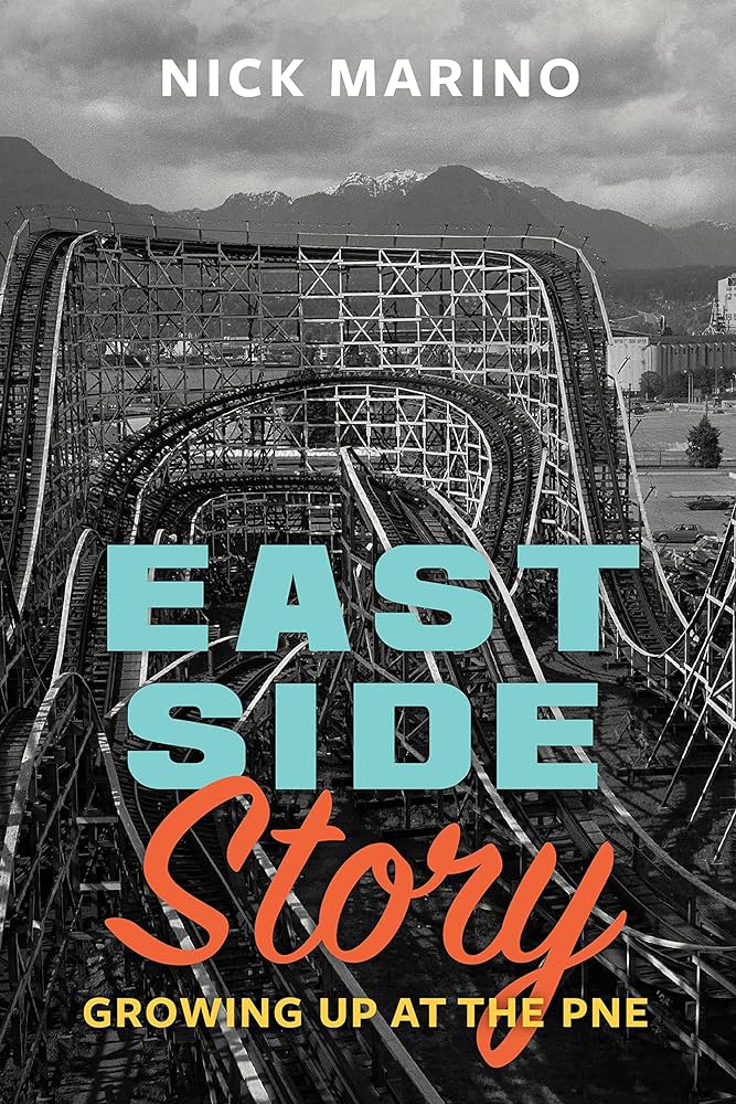 Book cover of East Side Story featuring a black and white photo of a roller coaster and a colourful font for the title.