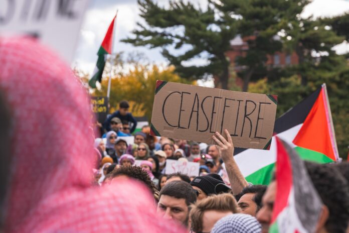 gayatri-malhotra-fi9xsU3rtEQ-unsplash A pro-Palestine protest, where a sign reads “ceasefire”