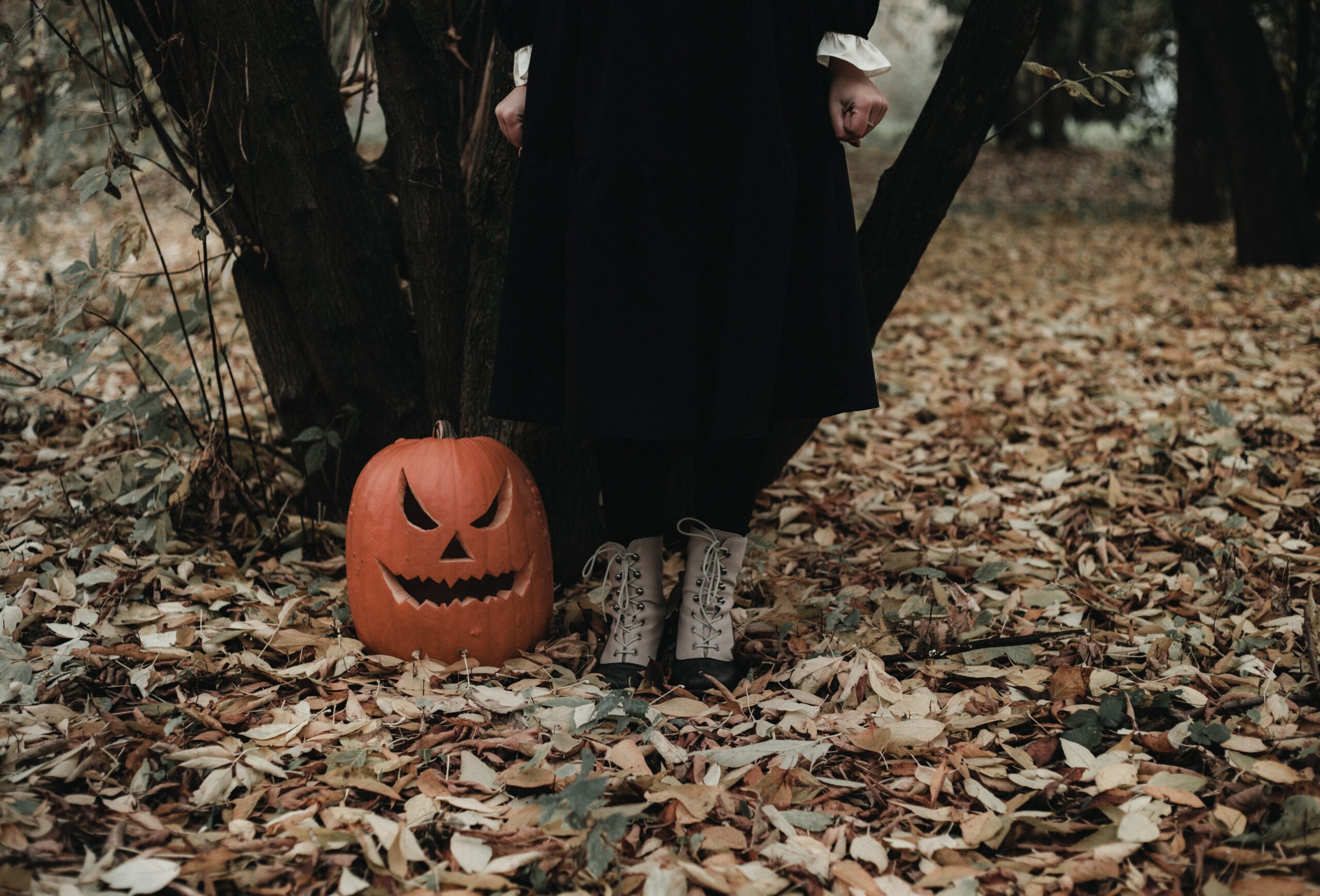 A scary-looking carved pumpkin on a bed of fall leaves