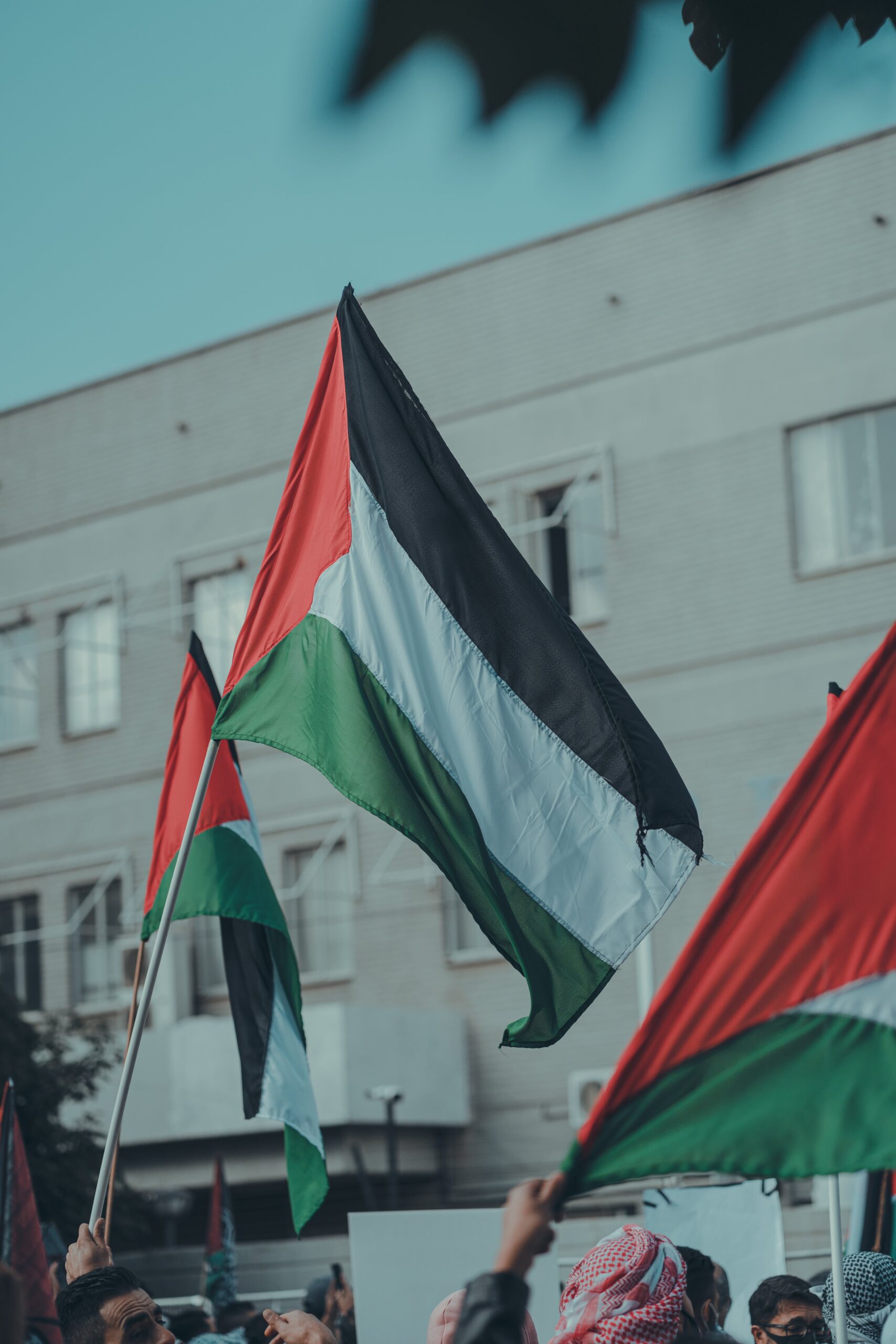 Palestinian flags in a crowd, outside in front of a gray building.