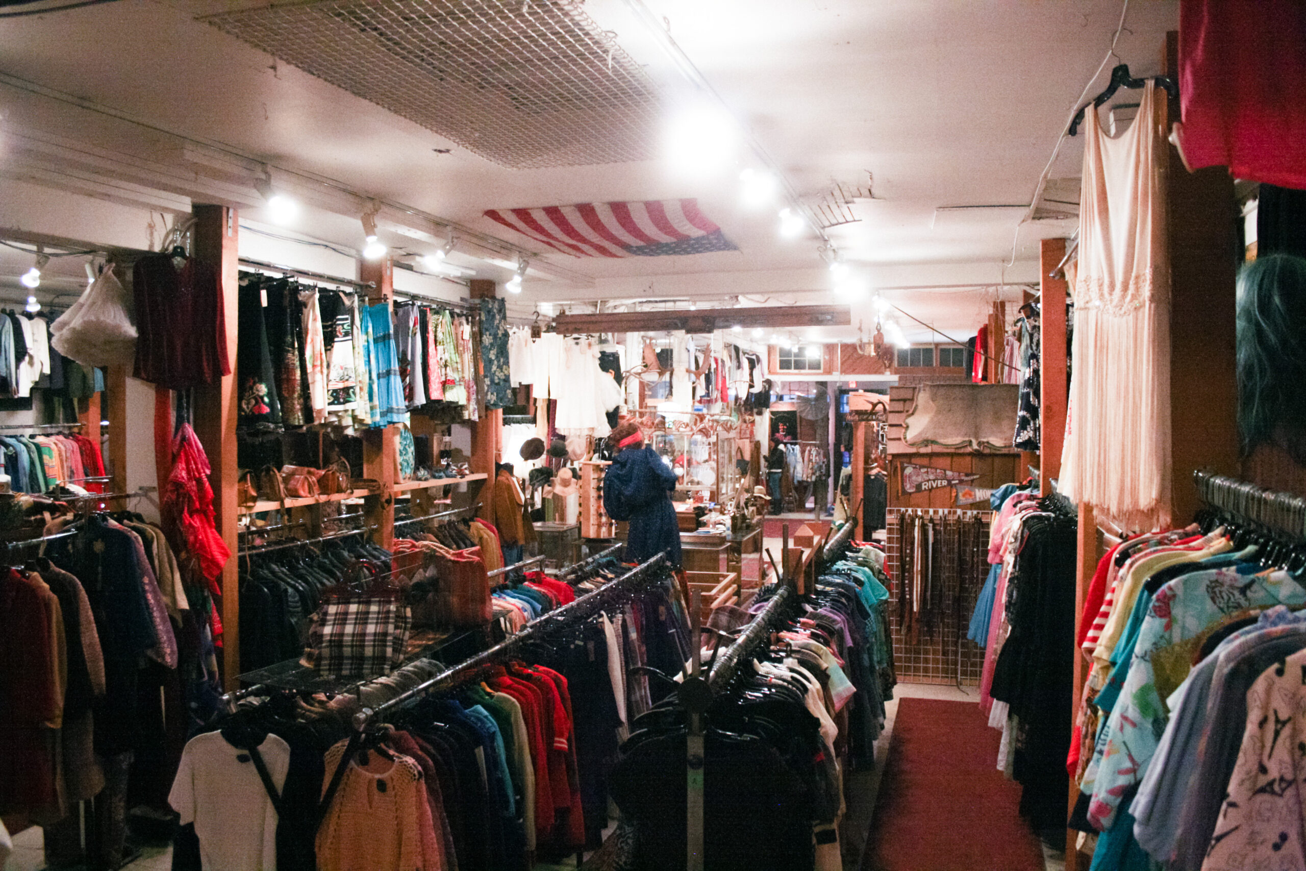 This a picture of a person looking through clothing racks in a thrift store.