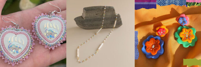A collage of three beaded items from the three artists mentioned in order: First is white and pink big heart earrings with bear paws in the middle. The second is a stone with a dainty white beaded necklace. The third is bright colored, bold sized flower earrings with little pearls in the centre.