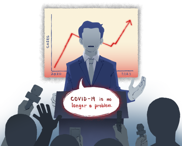 Illustration of a line graph with rising COVID-19 cases, and a health official saying COVID-19 is no longer a problem
