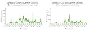 A line graph that shows COVID-19 wastewater data for Lulu Island and Lion's Gate.