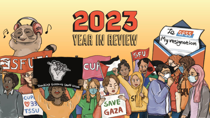 This is an illustration of SFU students engaging in protest. Many are holding signs in support of Palestine and TSSU. Some are wearing masks.