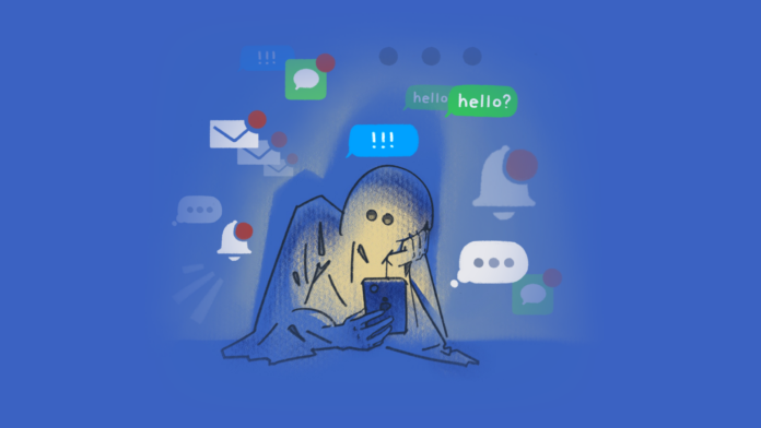 WEB-AliyaNourlan-GhostingPeople Illustration of a person looking at their phone against a dark-blue background, illuminated by the light. The person is wearing a ghost-like sheet over their body with two eye-holes, and has their chin propped up in their free hand. There are illustrative text and social media notifications projecting from the phone.
