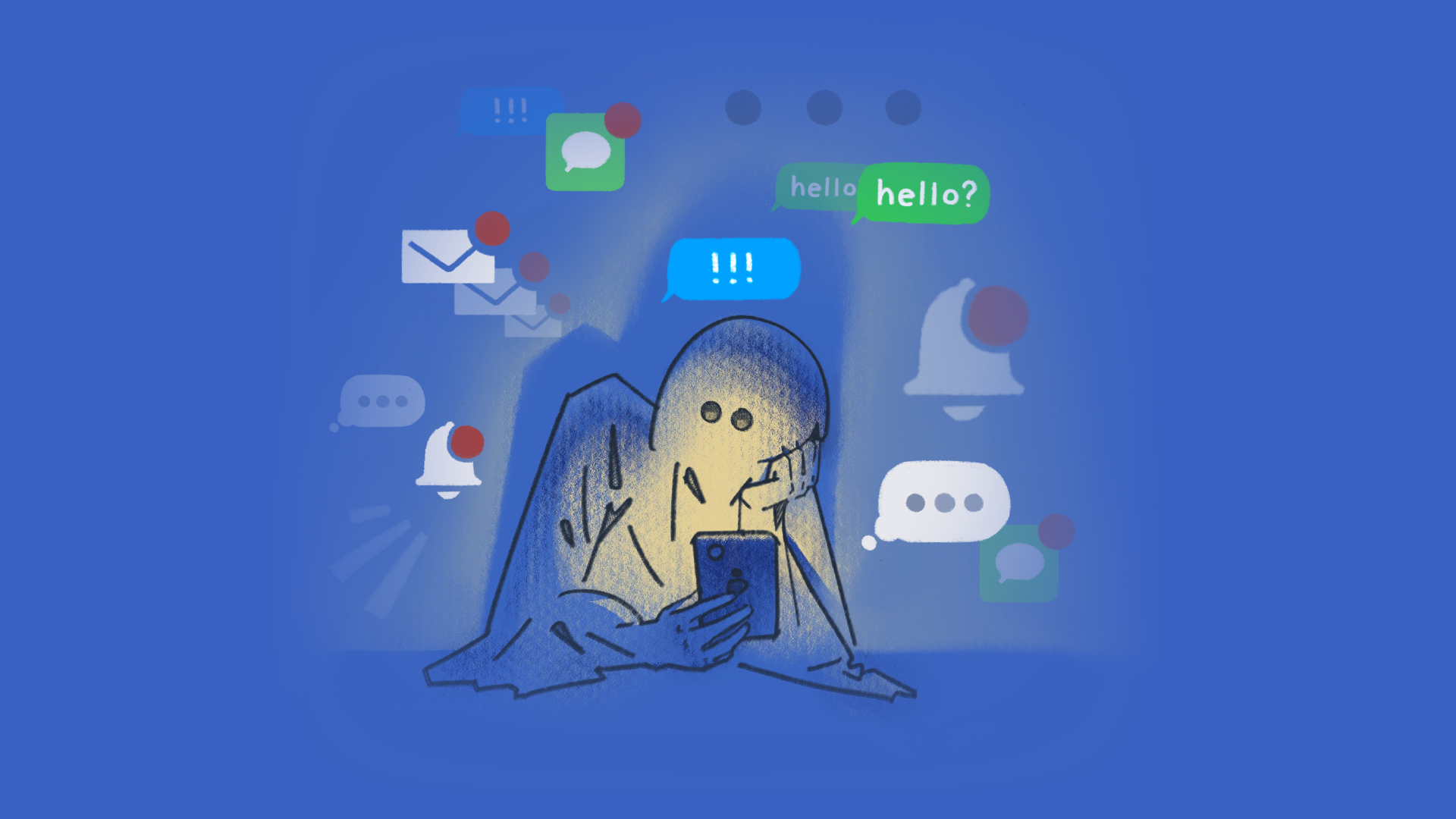 Illustration of a person looking at their phone against a dark-blue background, illuminated by the light. The person is wearing a ghost-like sheet over their body with two eye-holes, and has their chin propped up in their free hand. There are illustrative text and social media notifications projecting from the phone.