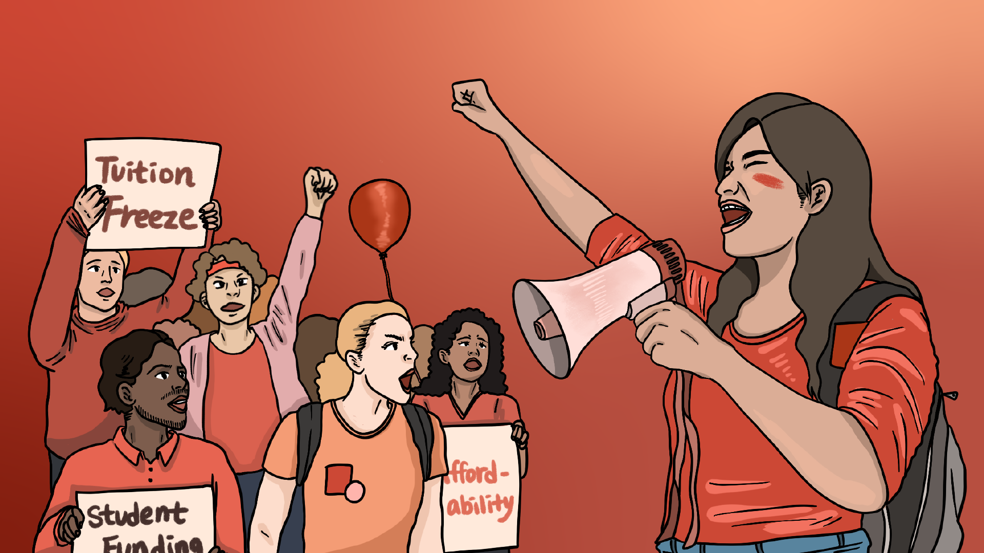 Illustration of a group of people, one with megaphone speaking up against tuition hikes.
