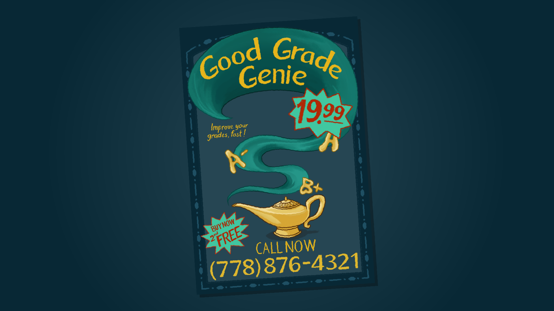 Poster advertising the services of a Good Grade Genie for $19.99.