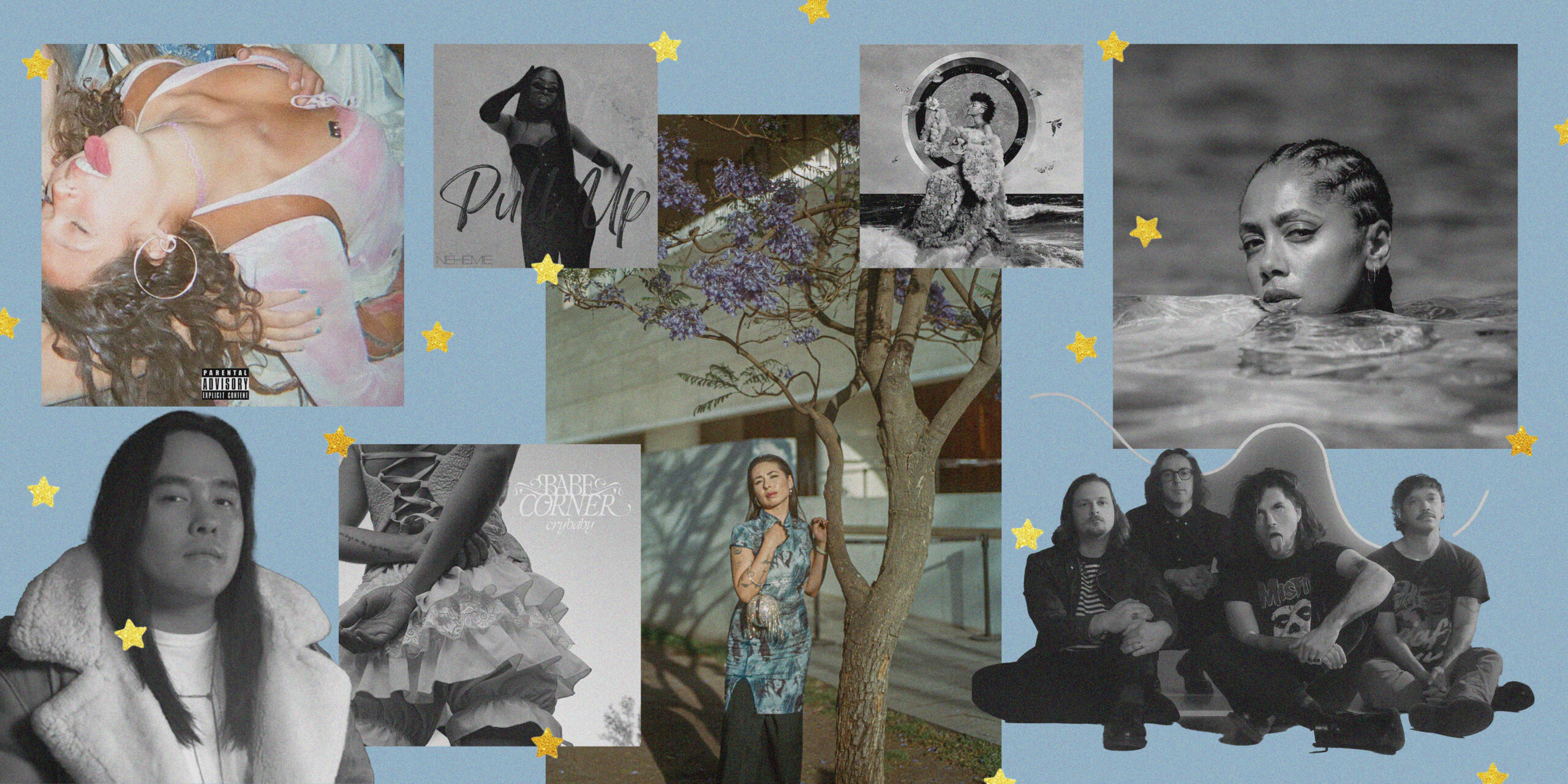 A collage of images and album covers from eight Canadian artists, with a grainy sky blue backdrop.