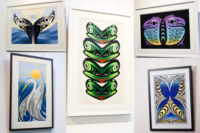 WEB-where-the-river-collage A collage of five framed formline design prints, with curved lined patterns and gradient backgrounds in vibrant colours. The center piece features four frog faces stacked. The other pieces feature, a heron, a butterfly, and a whale tail.