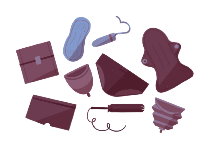 AliyaNourlan-MenstrualProducts Illustration of various menstrual products, such as tampons, pads, and cups