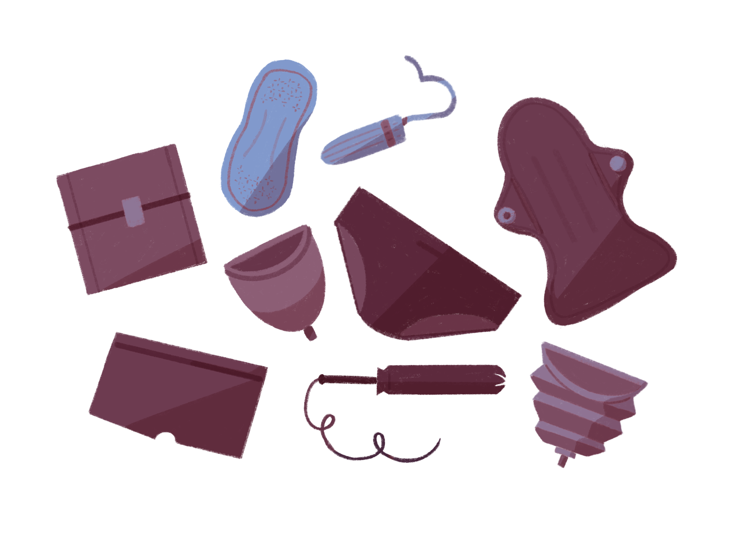 Illustration of various menstrual products, such as tampons, pads, and cups