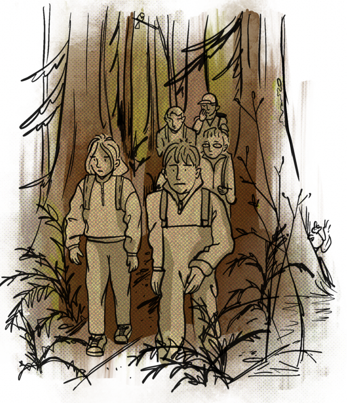 Large group of people hiking up Burnaby Mountain. They all look unhappy and tired.