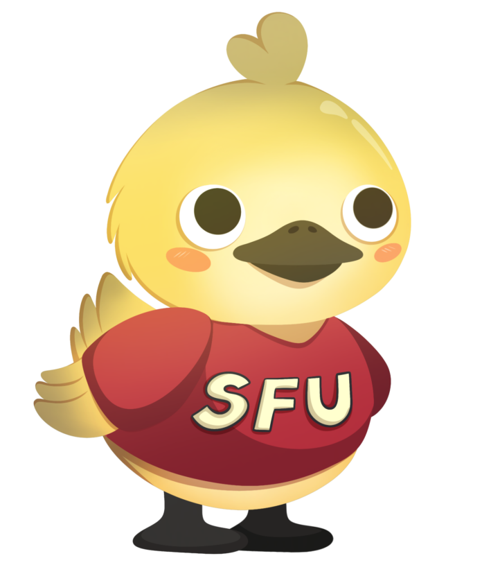 IMG_0486 An illustration of a baby goose, wearing a SFU shirt