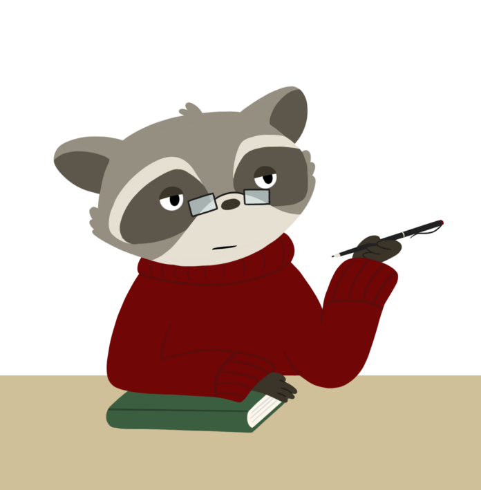 MapleSukontasukkul-W1-Dining_with_sophistication__Culinary_reviews_by_Reginald_Trashpánda_IIIl An illustration of a prim looking bipedal raccoon, donning spectacles and wearing a smug expression on his face.