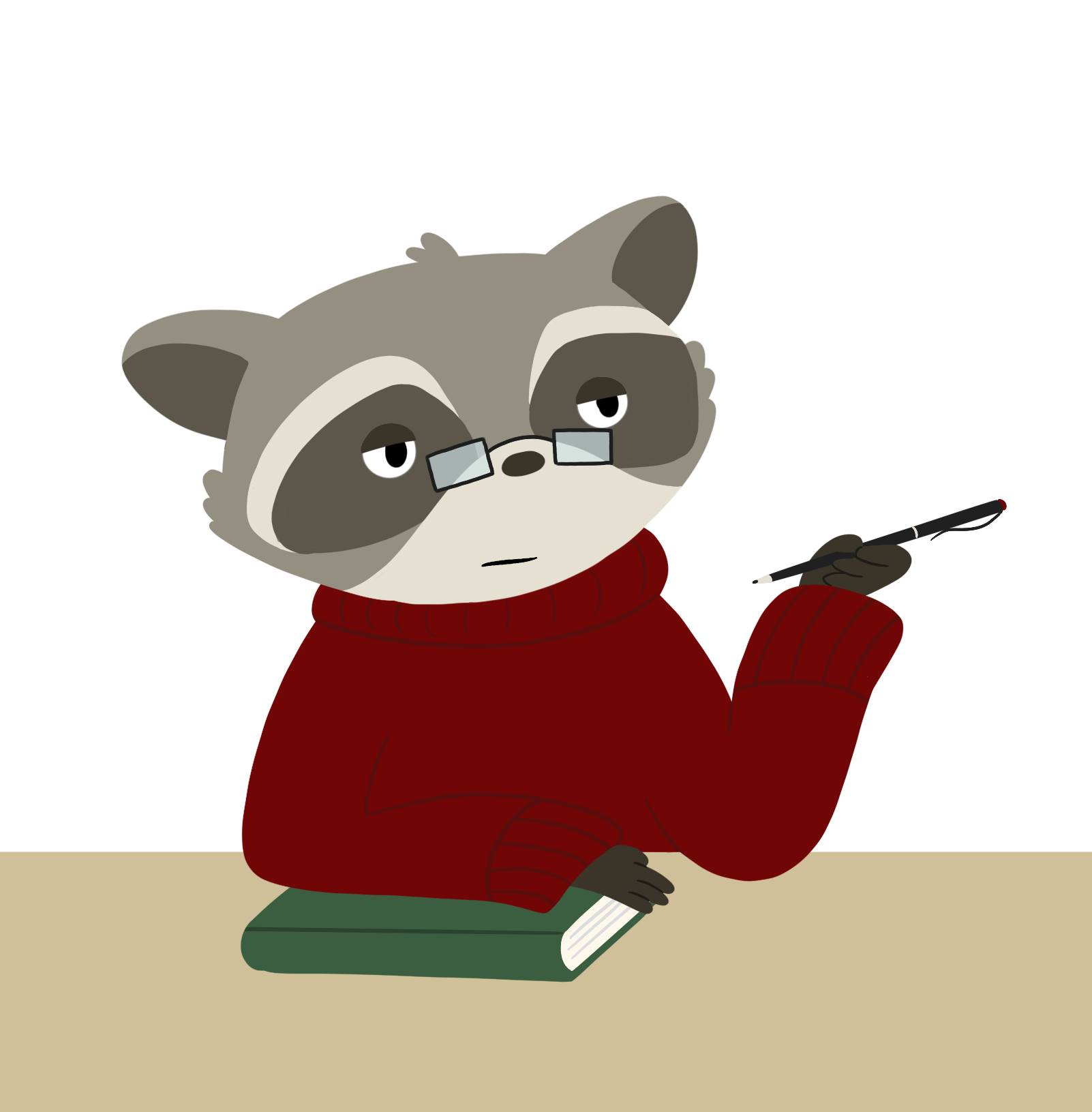 An illustration of a prim looking bipedal raccoon, donning spectacles and wearing a smug expression on his face.