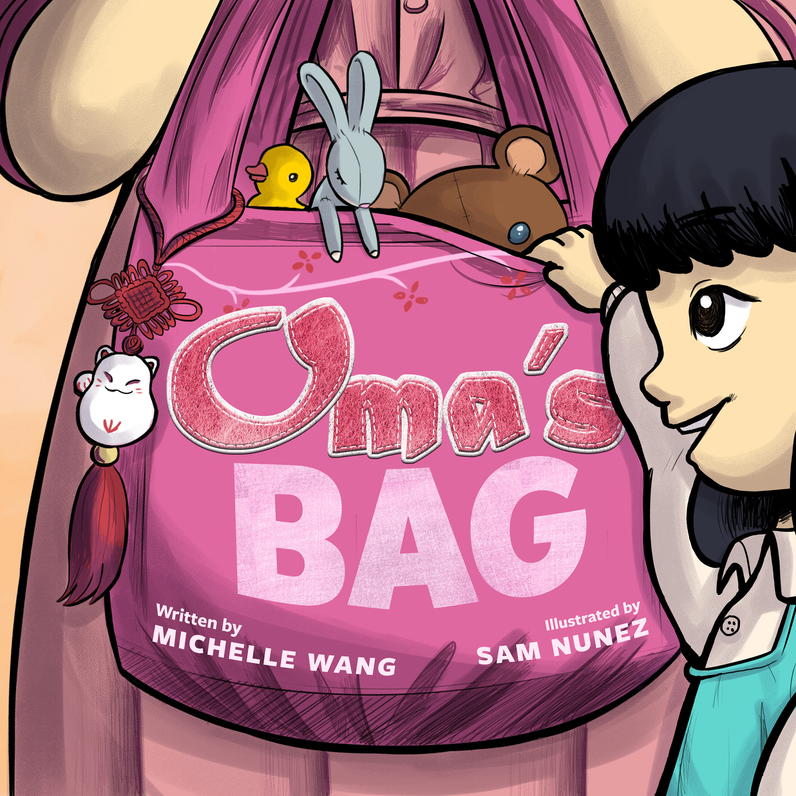 A book cover with an illustration of a child rummaging through a pink bag that holds stuffed animals.