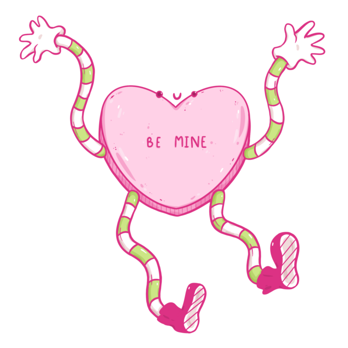 SandraCao-HookupSpots.png Anthropomorphized sweetheart. It’s light pink and has “BE MINE” written on it in red.