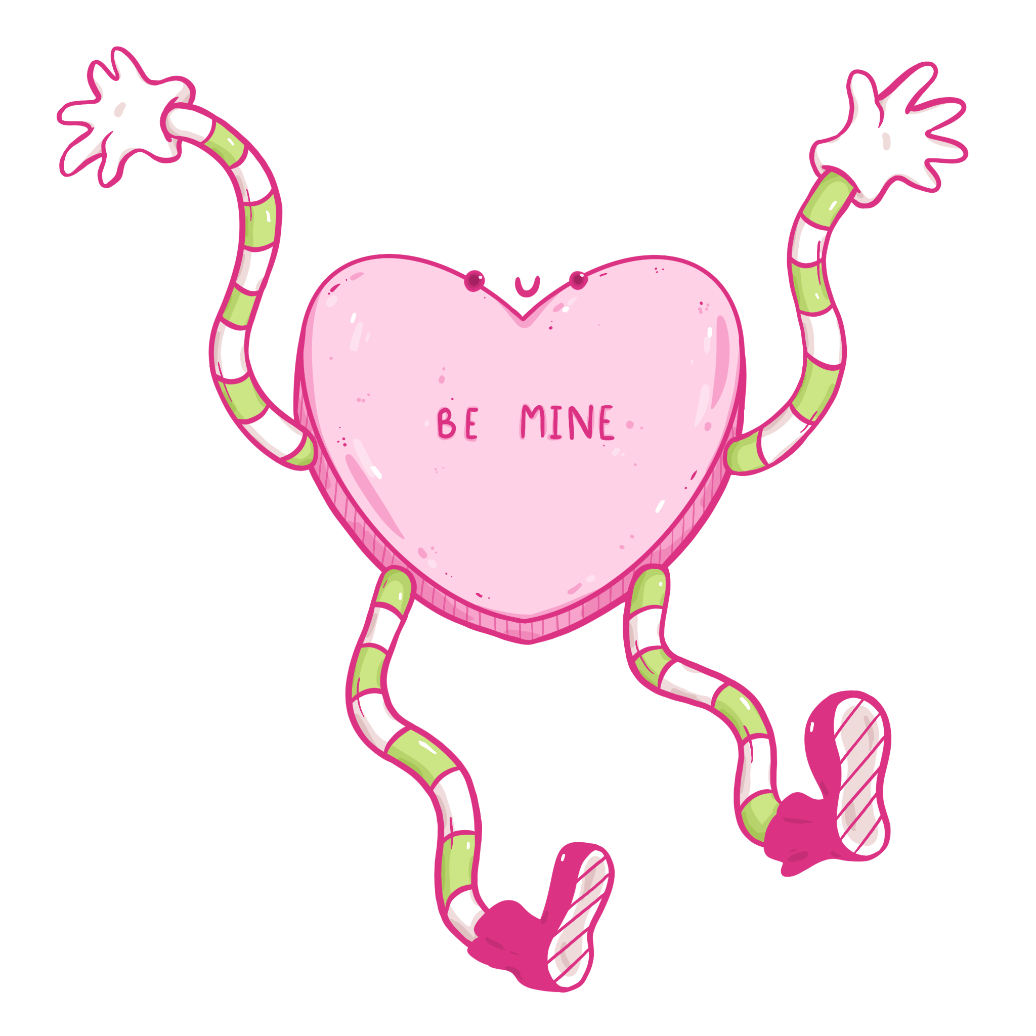 Anthropomorphized sweetheart. It’s light pink and has “BE MINE” written on it in red.