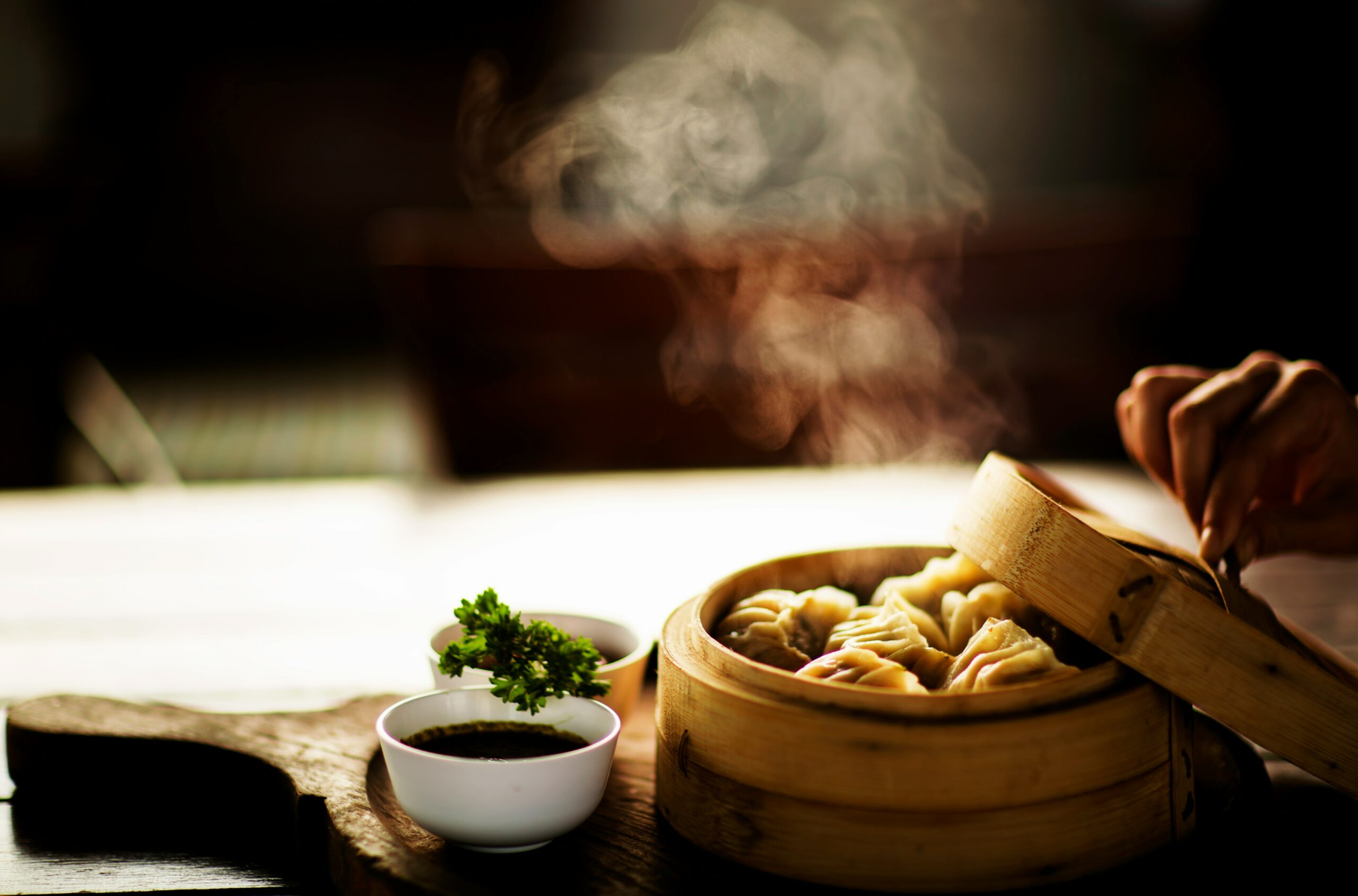 Steamed dumplings on a steamer