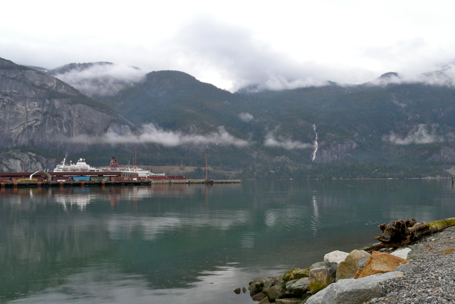 This is a photo in Squamish, where the ocean and mountain range is shown.