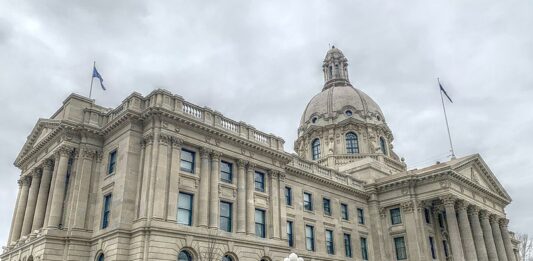 This is a photo of the exterior of Alberta’s parliament building