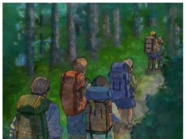 Illustration of a group of friends wearing hiking backpacks, going for a walk together.