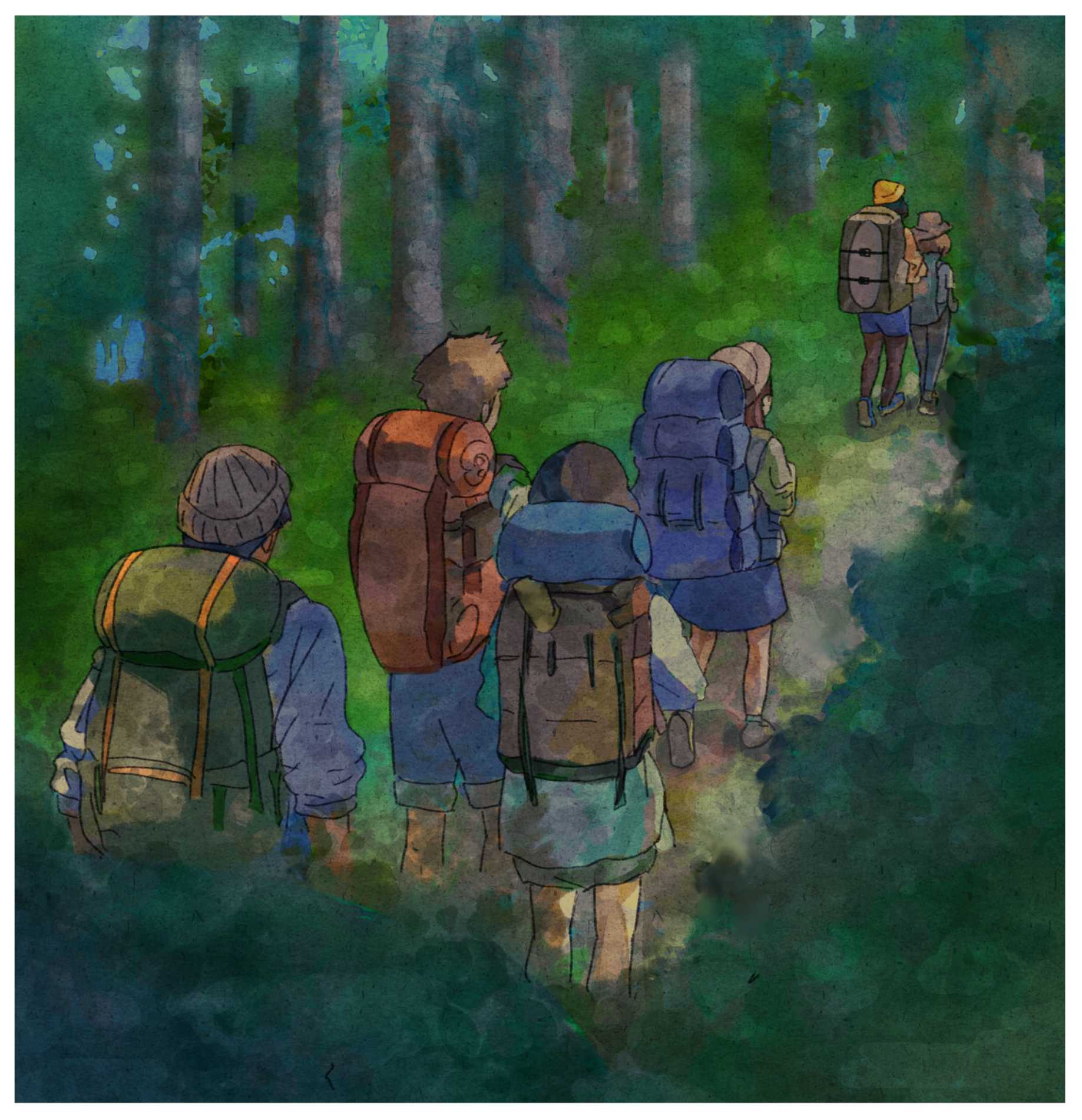 Illustration of a group of friends wearing hiking backpacks, going for a walk together.