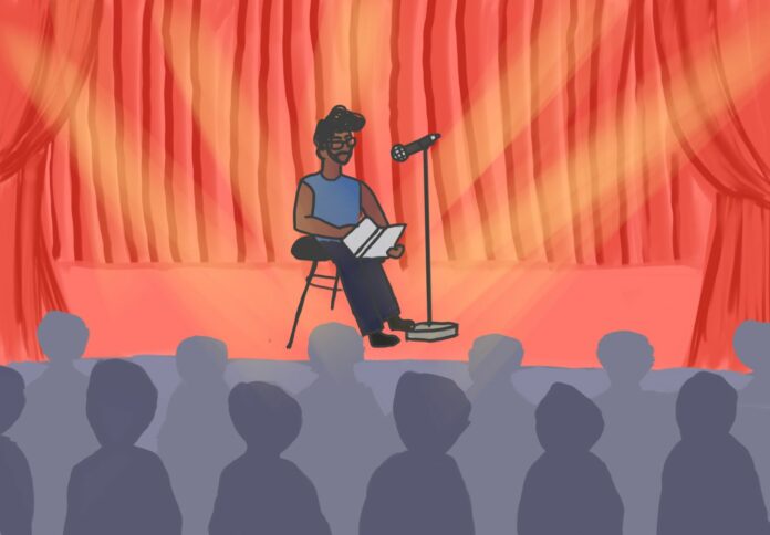 AnanyaSingh-LunchPoems An illustration of a person sitting down in front of a mic and a red curtain backdrop on a stage in front of an audience.