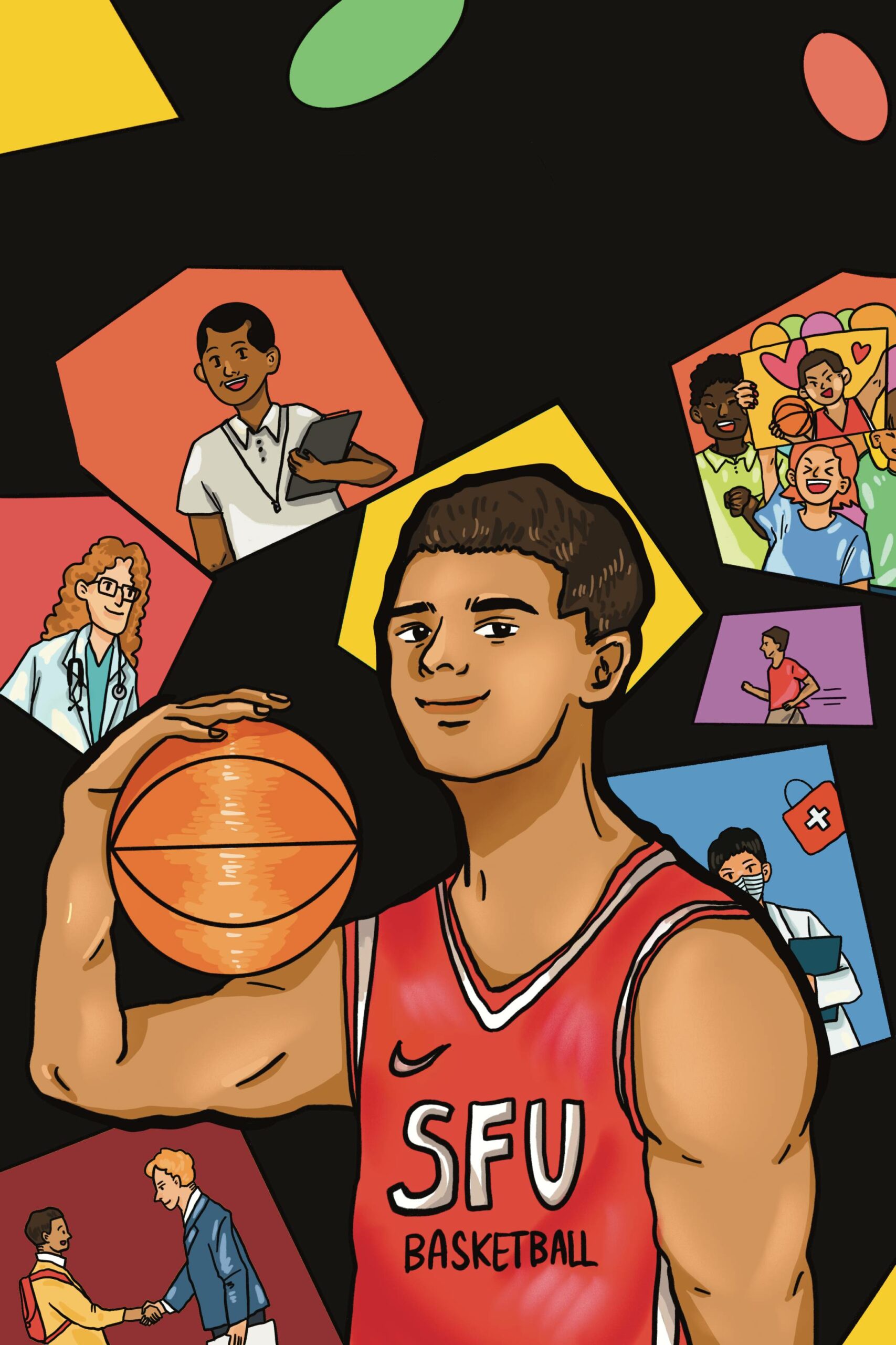 illustration of a basketball athlete surrounded by various support staff