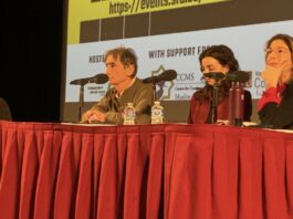 Photo of, from left to right, Dr. Gabor Maté, Simone Zimmerman, and Naomi Klein sat at a panel table.