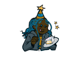 Doodle of a Black person with blue hair eating vanilla cake with sprinkles.