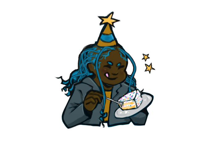 Doodle of a Black person with blue hair eating vanilla cake with sprinkles.